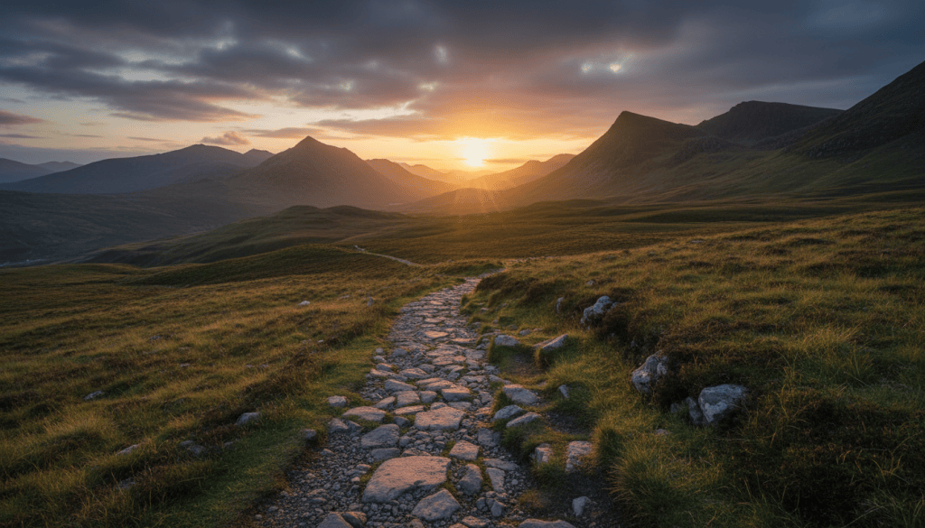 A well-worn rocky footpath continuing through Scottish hills towards the sunrise.